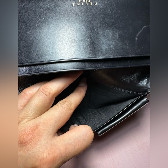 CELINE- Long Bifold Wallet Black and Gold Vintage Leather Coin Card - Picture 14 of 16